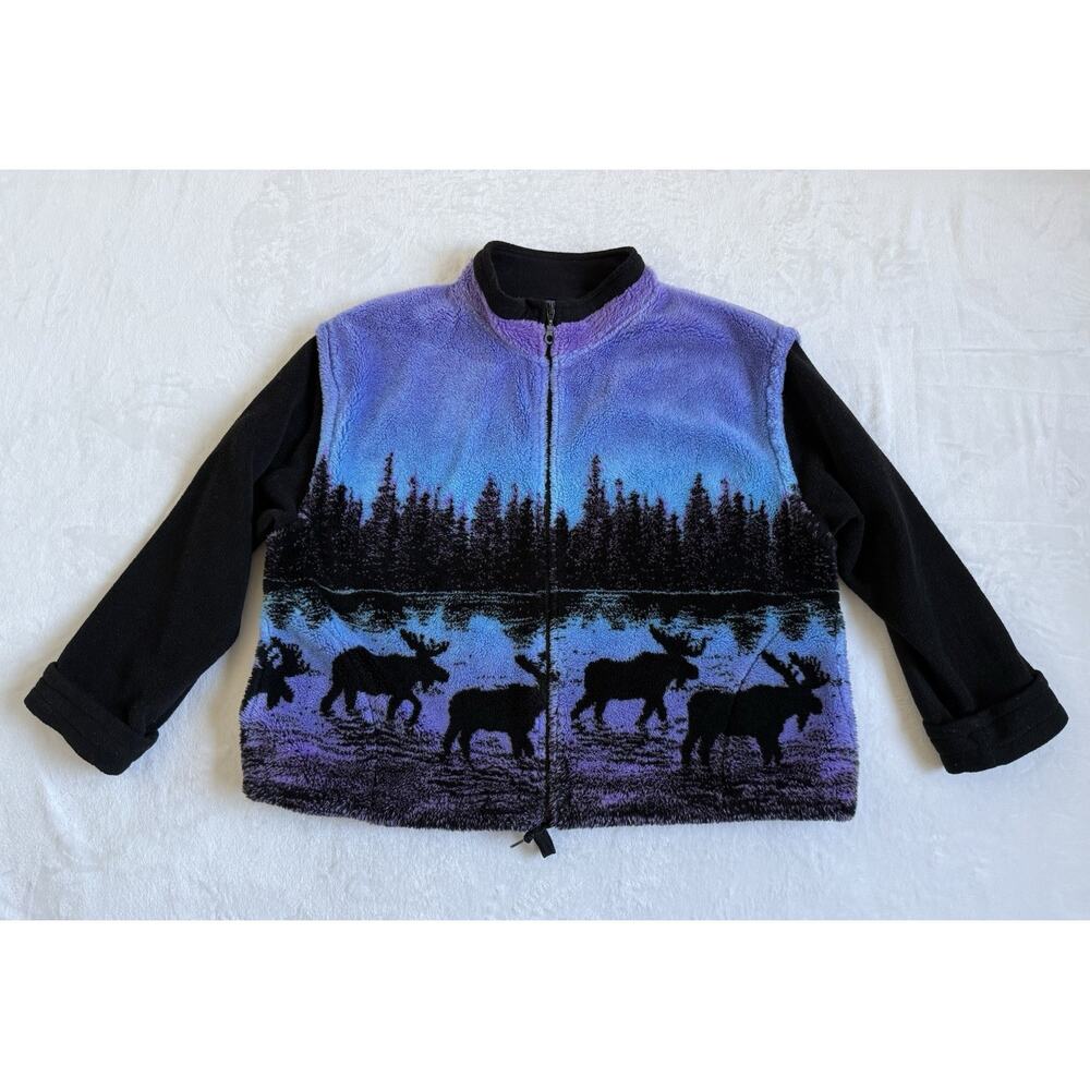 Vintage Black Mountain Fleece Jacket AOP Size 2X Moose Print Purple Blue